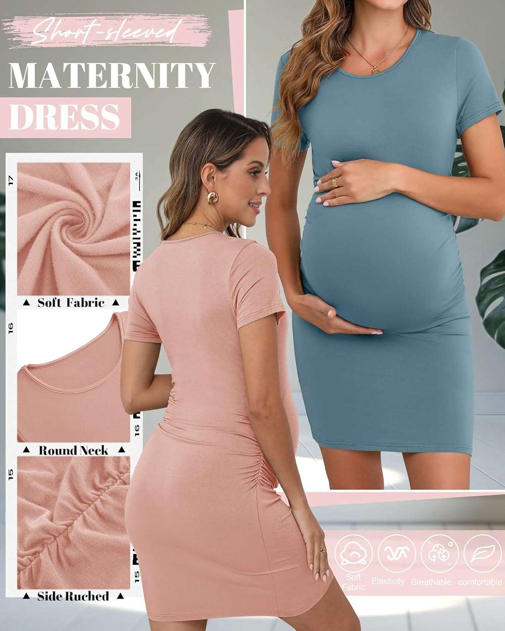 Riyiper 3 Pack Women's Maternity Dresses, Short Sleeve Pregnancy Dress Side Ruched Crew Neck Knee Length Mama Clothes - Image 6