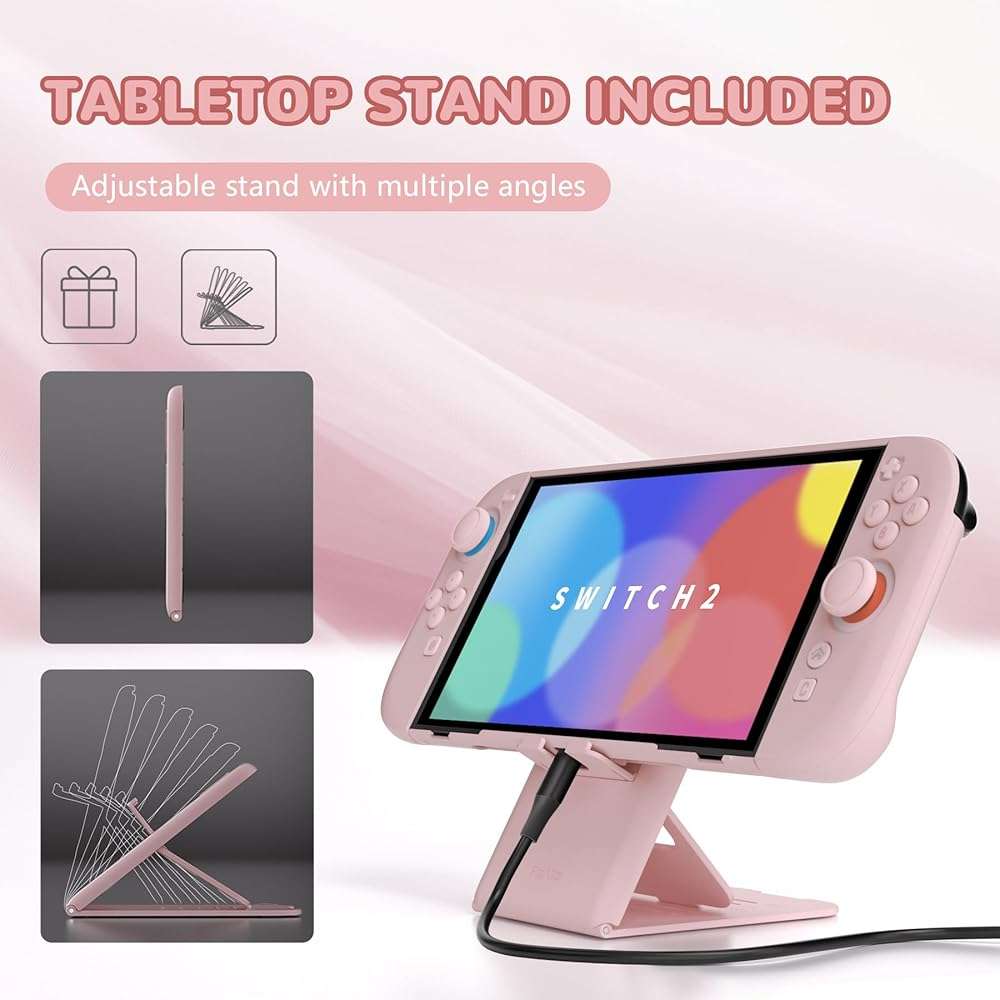 PlayVital Hard Case for Nintendo Switch 2 with Extra Stand & Thumb Grip Caps | Split Design, Dockable Protective Full-Body Shell Cover for Nintendo Switch 2 | Solid Color Series, Cherry Blossoms Pink - Image 6