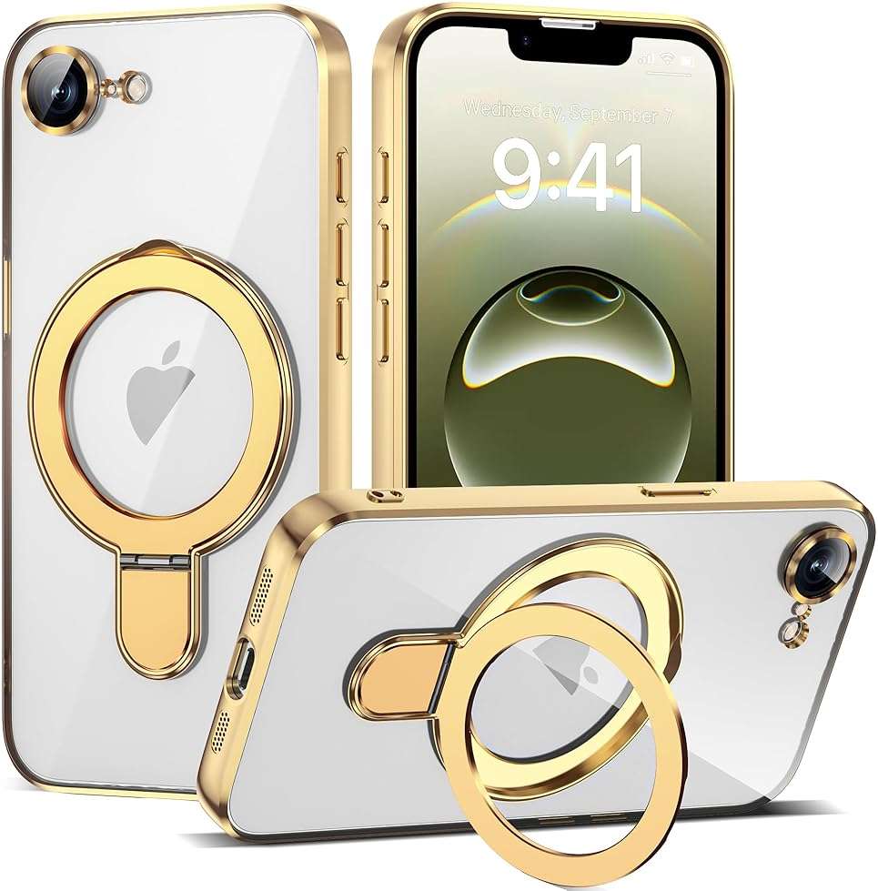 ETPESOK Compatible with iPhone 17E/16E Case with Invisible Magnetic Ring Stand [Compatible with Mag-Safe] [Full Camera Lens Protector] Plating Clear Phone Case for iPhone 17E/16E 6.1", Gold - Image 1