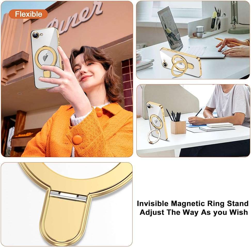 ETPESOK Compatible with iPhone 17E/16E Case with Invisible Magnetic Ring Stand [Compatible with Mag-Safe] [Full Camera Lens Protector] Plating Clear Phone Case for iPhone 17E/16E 6.1", Gold - Image 2