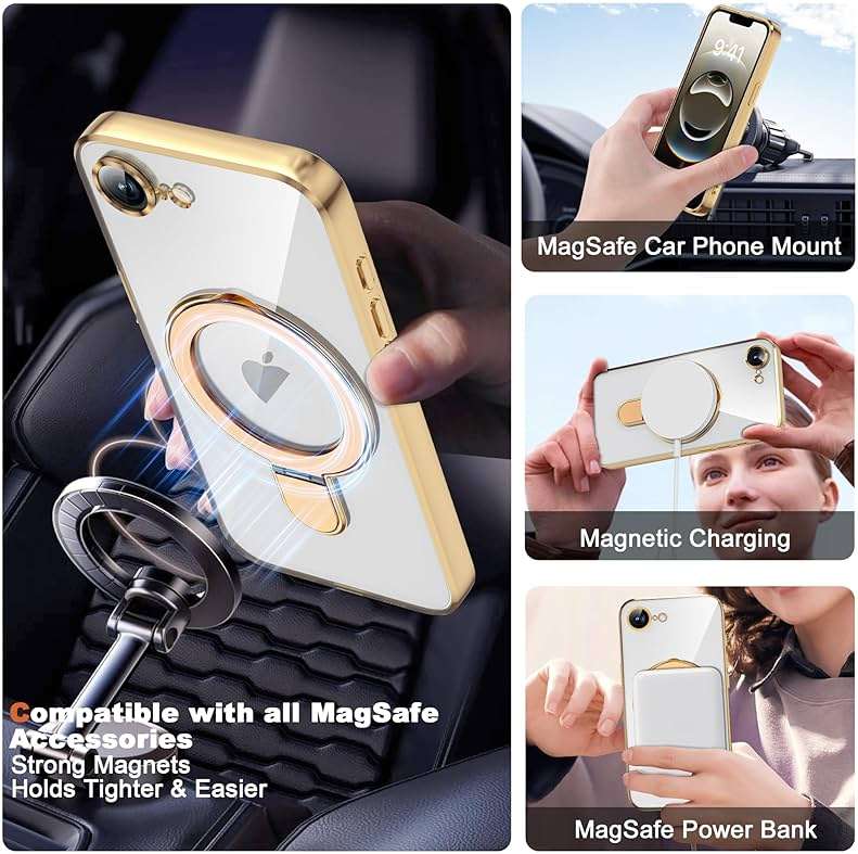 ETPESOK Compatible with iPhone 17E/16E Case with Invisible Magnetic Ring Stand [Compatible with Mag-Safe] [Full Camera Lens Protector] Plating Clear Phone Case for iPhone 17E/16E 6.1", Gold - Image 4