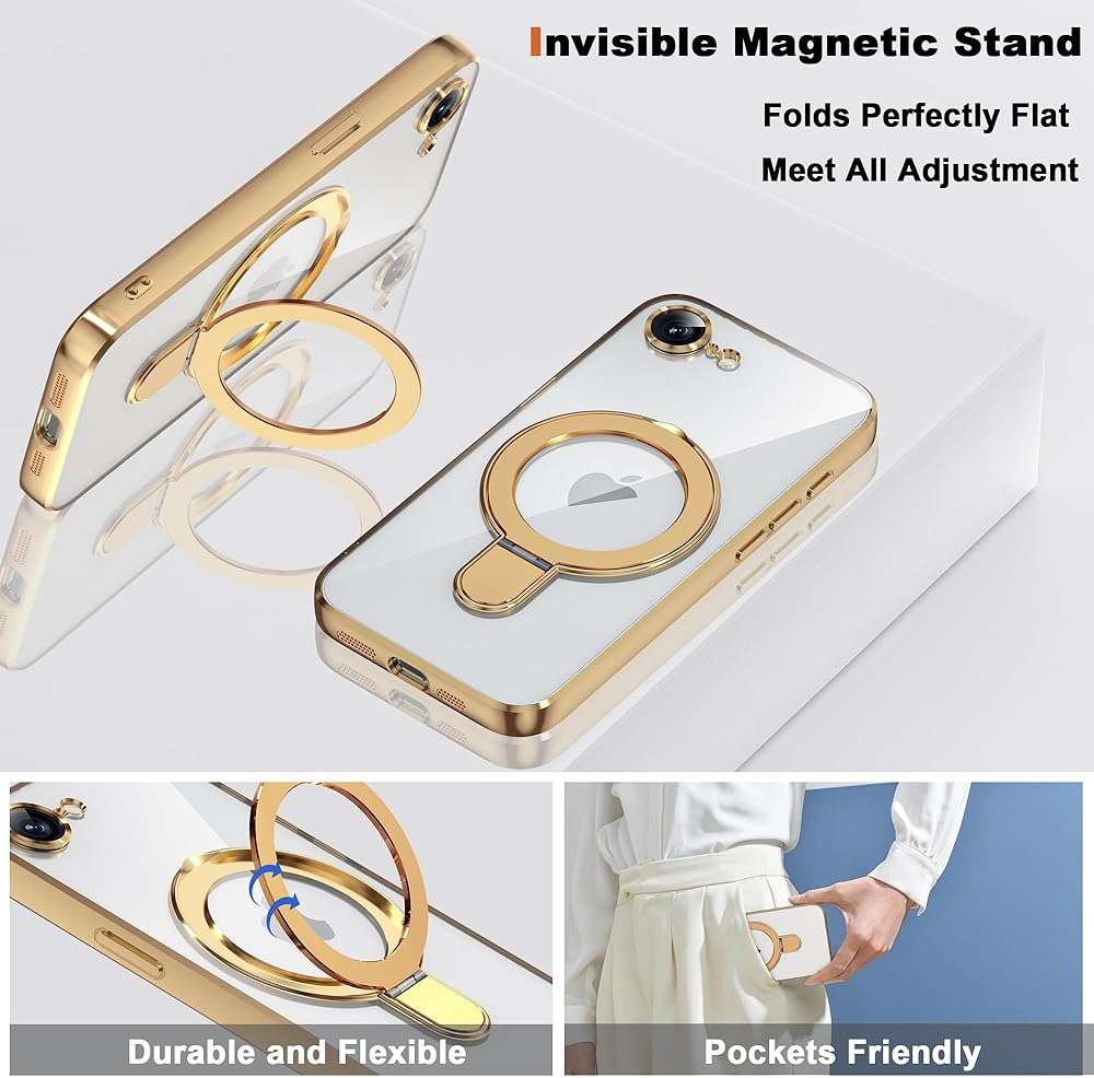 ETPESOK Compatible with iPhone 17E/16E Case with Invisible Magnetic Ring Stand [Compatible with Mag-Safe] [Full Camera Lens Protector] Plating Clear Phone Case for iPhone 17E/16E 6.1", Gold - Image 6