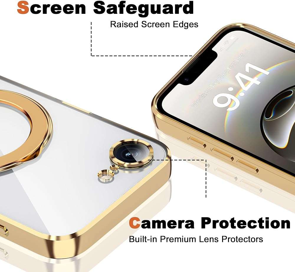 ETPESOK Compatible with iPhone 17E/16E Case with Invisible Magnetic Ring Stand [Compatible with Mag-Safe] [Full Camera Lens Protector] Plating Clear Phone Case for iPhone 17E/16E 6.1", Gold - Image 7