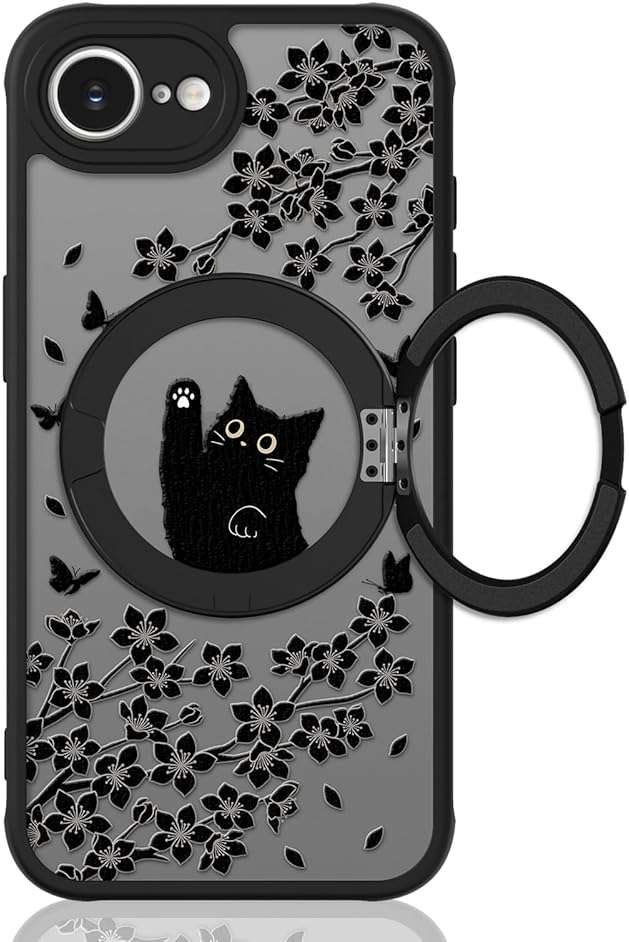 Heaofei Cute Case for iPhone 17e & 16e Case with Stand [ Compatible with MagSafe ] Kawaii Black Cat & Floral & Butterflies Pattern Design 360 Magnetic Ring Kickstand Phone Cover for Women Girls Boys - Image 1