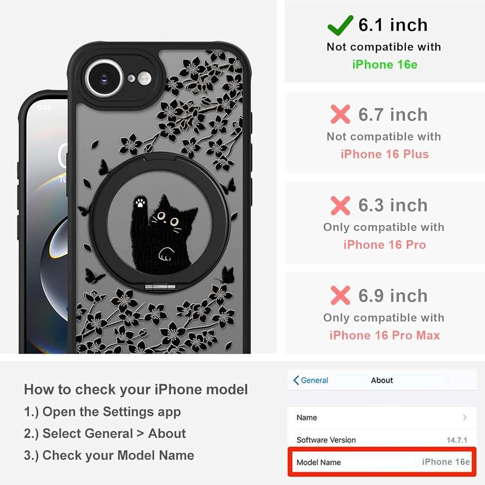 Heaofei Cute Case for iPhone 17e & 16e Case with Stand [ Compatible with MagSafe ] Kawaii Black Cat & Floral & Butterflies Pattern Design 360 Magnetic Ring Kickstand Phone Cover for Women Girls Boys - Image 2