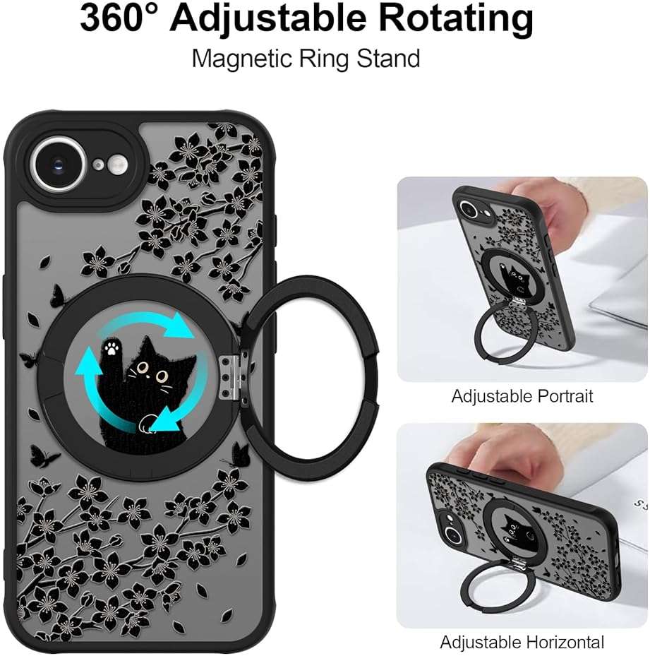 Heaofei Cute Case for iPhone 17e & 16e Case with Stand [ Compatible with MagSafe ] Kawaii Black Cat & Floral & Butterflies Pattern Design 360 Magnetic Ring Kickstand Phone Cover for Women Girls Boys - Image 3