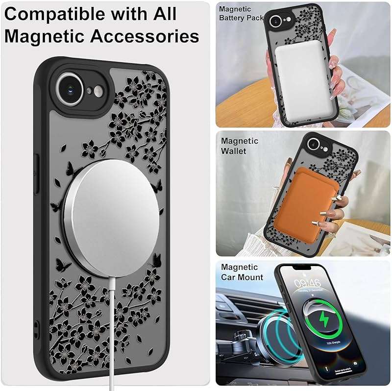 Heaofei Cute Case for iPhone 17e & 16e Case with Stand [ Compatible with MagSafe ] Kawaii Black Cat & Floral & Butterflies Pattern Design 360 Magnetic Ring Kickstand Phone Cover for Women Girls Boys - Image 4