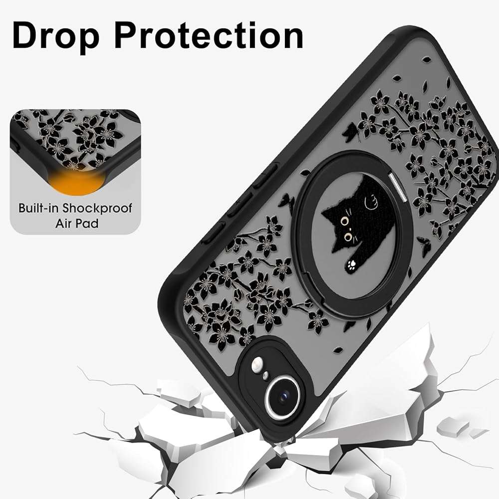 Heaofei Cute Case for iPhone 17e & 16e Case with Stand [ Compatible with MagSafe ] Kawaii Black Cat & Floral & Butterflies Pattern Design 360 Magnetic Ring Kickstand Phone Cover for Women Girls Boys - Image 6