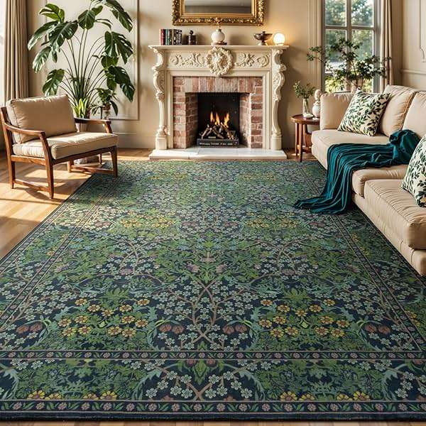 Lessymo Floral Living Room Rug 8x10 Area Rugs, Vintage Forest Washable Rugs for Dining Room Bedroom, Low Pile Non Slip Rubber Green Mat, Distressed Retro Indoor Boho Carpet, Forest Green - Image 1