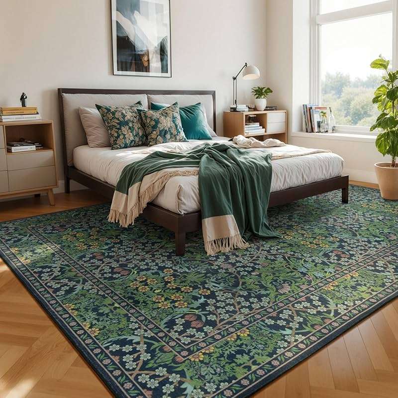 Lessymo Floral Living Room Rug 8x10 Area Rugs, Vintage Forest Washable Rugs for Dining Room Bedroom, Low Pile Non Slip Rubber Green Mat, Distressed Retro Indoor Boho Carpet, Forest Green - Image 2