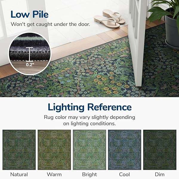 Lessymo Floral Living Room Rug 8x10 Area Rugs, Vintage Forest Washable Rugs for Dining Room Bedroom, Low Pile Non Slip Rubber Green Mat, Distressed Retro Indoor Boho Carpet, Forest Green - Image 4
