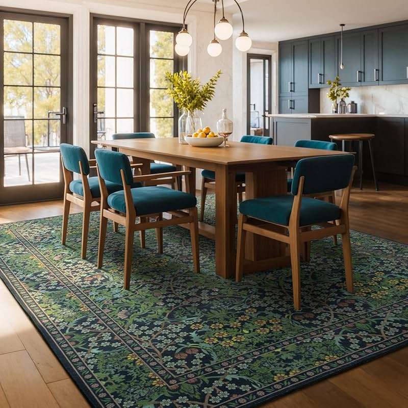 Lessymo Floral Living Room Rug 8x10 Area Rugs, Vintage Forest Washable Rugs for Dining Room Bedroom, Low Pile Non Slip Rubber Green Mat, Distressed Retro Indoor Boho Carpet, Forest Green - Image 5