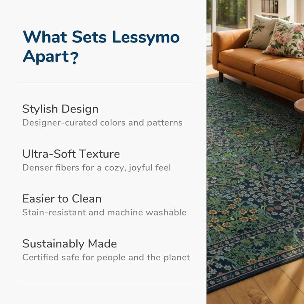 Lessymo Floral Living Room Rug 8x10 Area Rugs, Vintage Forest Washable Rugs for Dining Room Bedroom, Low Pile Non Slip Rubber Green Mat, Distressed Retro Indoor Boho Carpet, Forest Green - Image 8