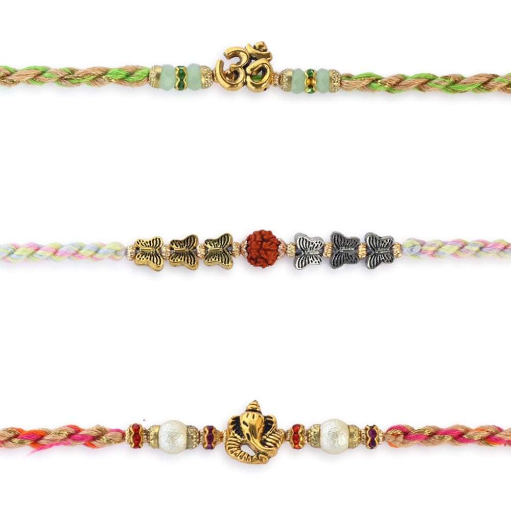 Set of 3 Rakhi for Brother with Raksha Bandhan Greeting Card & Roli Chawal Tika | Raksha Bandhan Rudraksha Om Rakhi for Brothers | Ganesh Rakhi for Small Brother Bhaiya | Rakhi Thread ARNJ25-V5 - Image 1