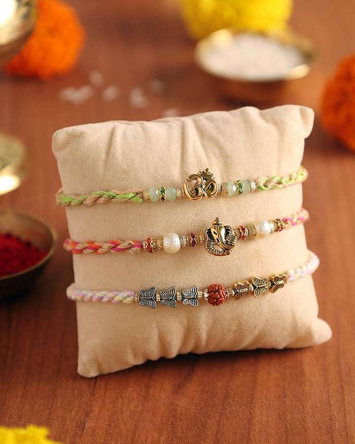 Set of 3 Rakhi for Brother with Raksha Bandhan Greeting Card & Roli Chawal Tika | Raksha Bandhan Rudraksha Om Rakhi for Brothers | Ganesh Rakhi for Small Brother Bhaiya | Rakhi Thread ARNJ25-V5 - Image 2