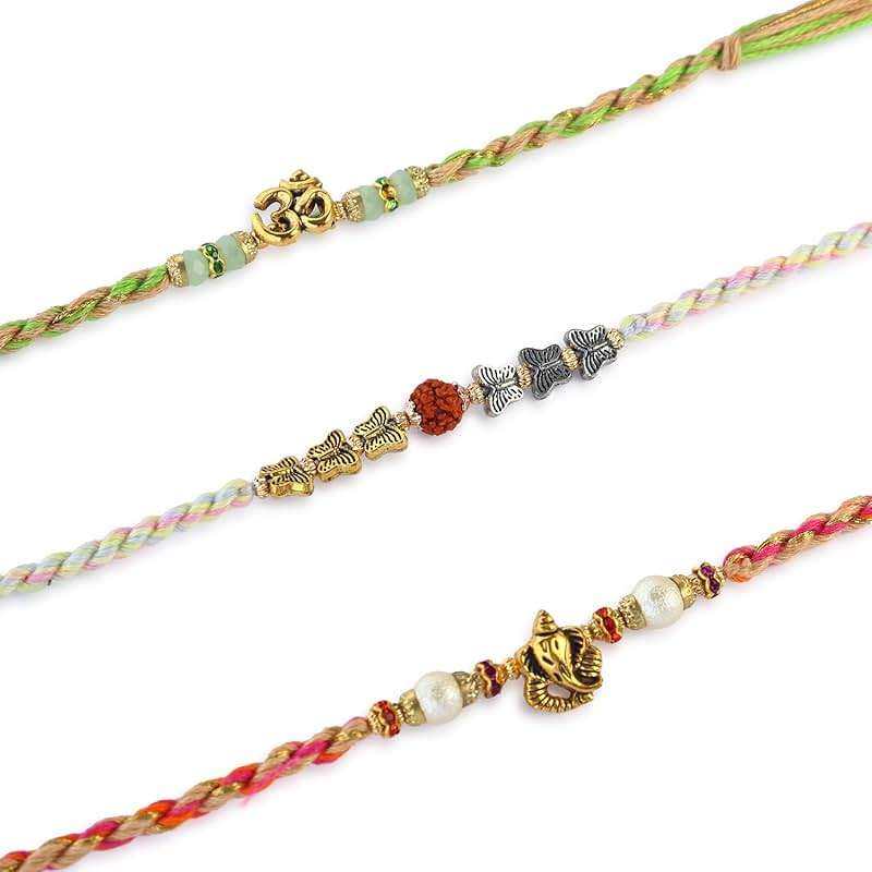 Set of 3 Rakhi for Brother with Raksha Bandhan Greeting Card & Roli Chawal Tika | Raksha Bandhan Rudraksha Om Rakhi for Brothers | Ganesh Rakhi for Small Brother Bhaiya | Rakhi Thread ARNJ25-V5 - Image 3