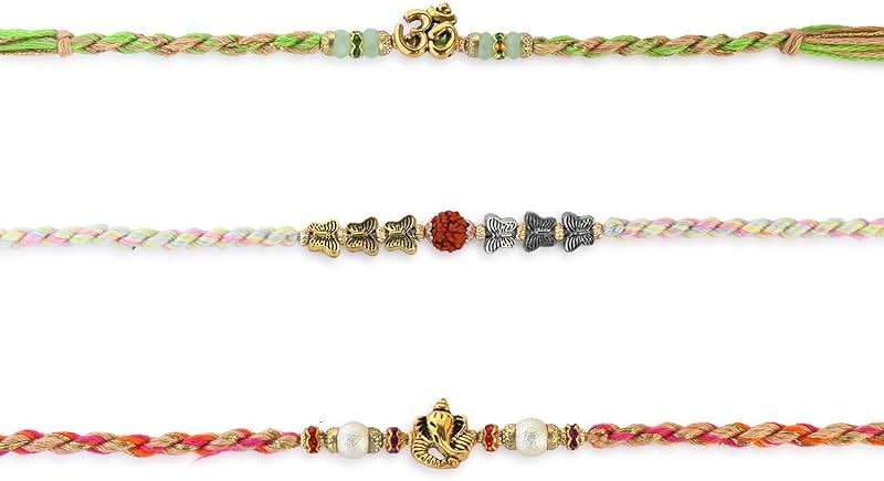 Set of 3 Rakhi for Brother with Raksha Bandhan Greeting Card & Roli Chawal Tika | Raksha Bandhan Rudraksha Om Rakhi for Brothers | Ganesh Rakhi for Small Brother Bhaiya | Rakhi Thread ARNJ25-V5 - Image 4