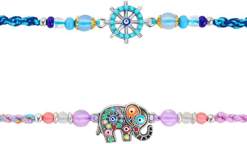 TrendBell Set of 2 Rakhi for Brother – Premium Evil Eye & Elephant Rakhi Combo with Raksha Bandhan Greeting Card & Roli | Rakhi for Bhaiya & Brother | Rakhi Thread from Sister - Image 1