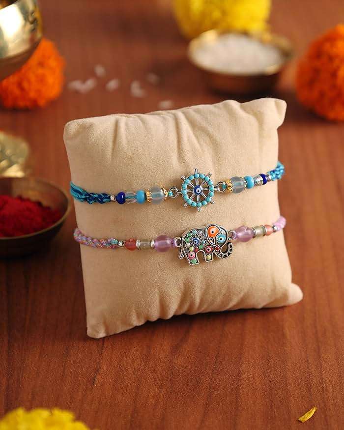 TrendBell Set of 2 Rakhi for Brother – Premium Evil Eye & Elephant Rakhi Combo with Raksha Bandhan Greeting Card & Roli | Rakhi for Bhaiya & Brother | Rakhi Thread from Sister - Image 2