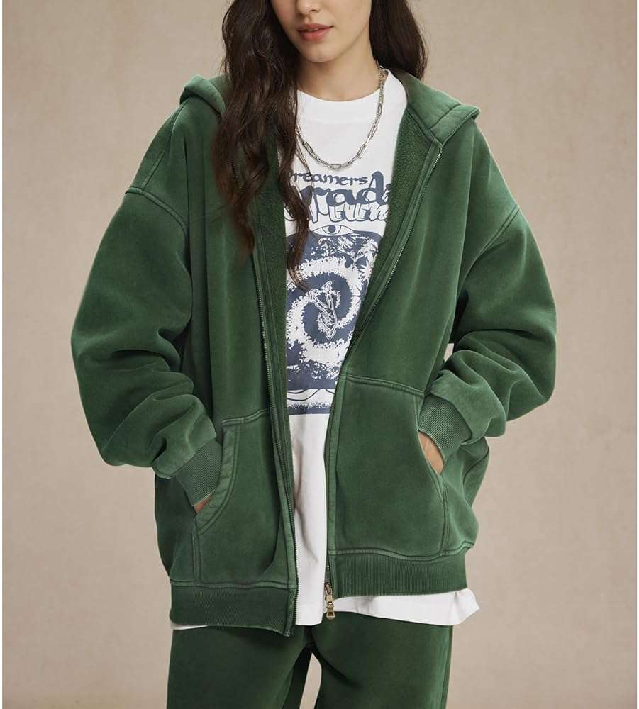 Talakeno Womens Double Zip Up Hoodies Oversized Heavyweight Fleece Sweatshirt Acid Wash Hoodie Vintage Distress Cotton Jacket - Image 2