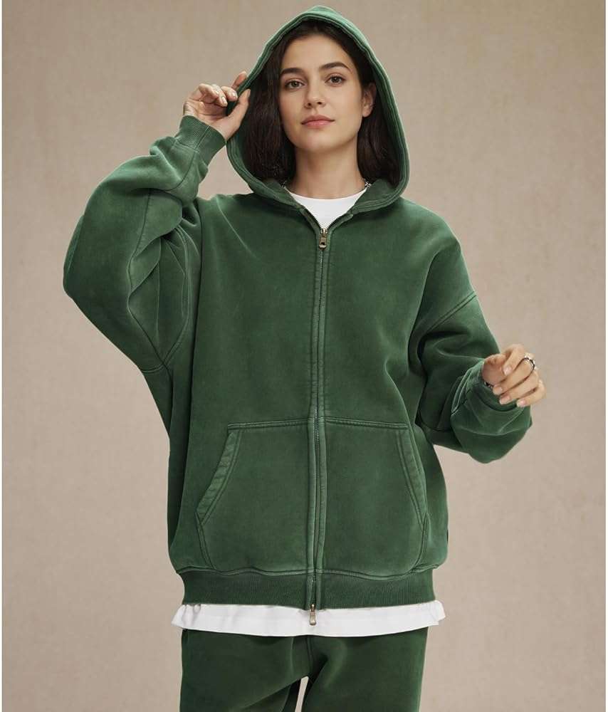 Talakeno Womens Double Zip Up Hoodies Oversized Heavyweight Fleece Sweatshirt Acid Wash Hoodie Vintage Distress Cotton Jacket - Image 3