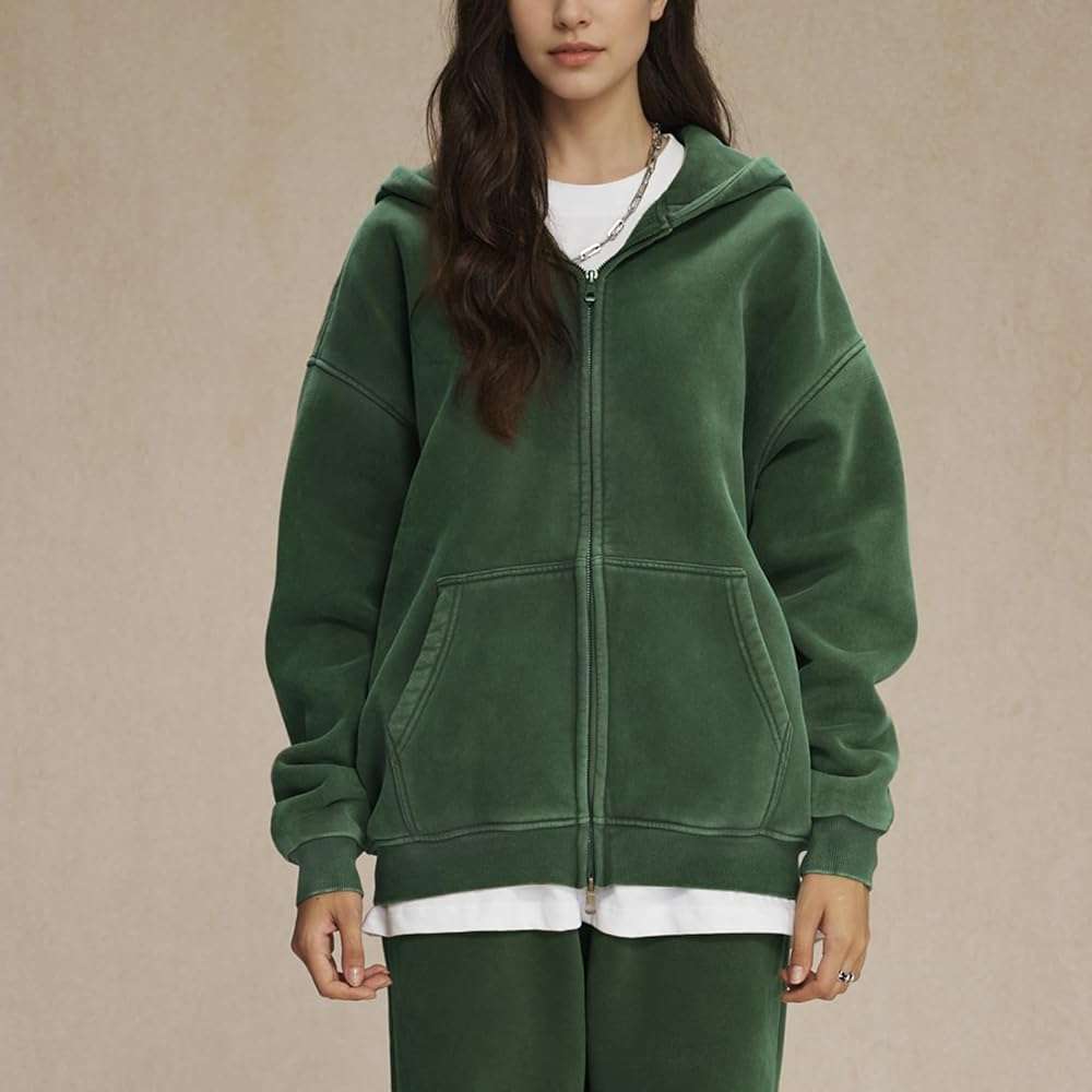 Talakeno Womens Double Zip Up Hoodies Oversized Heavyweight Fleece Sweatshirt Acid Wash Hoodie Vintage Distress Cotton Jacket - Image 4