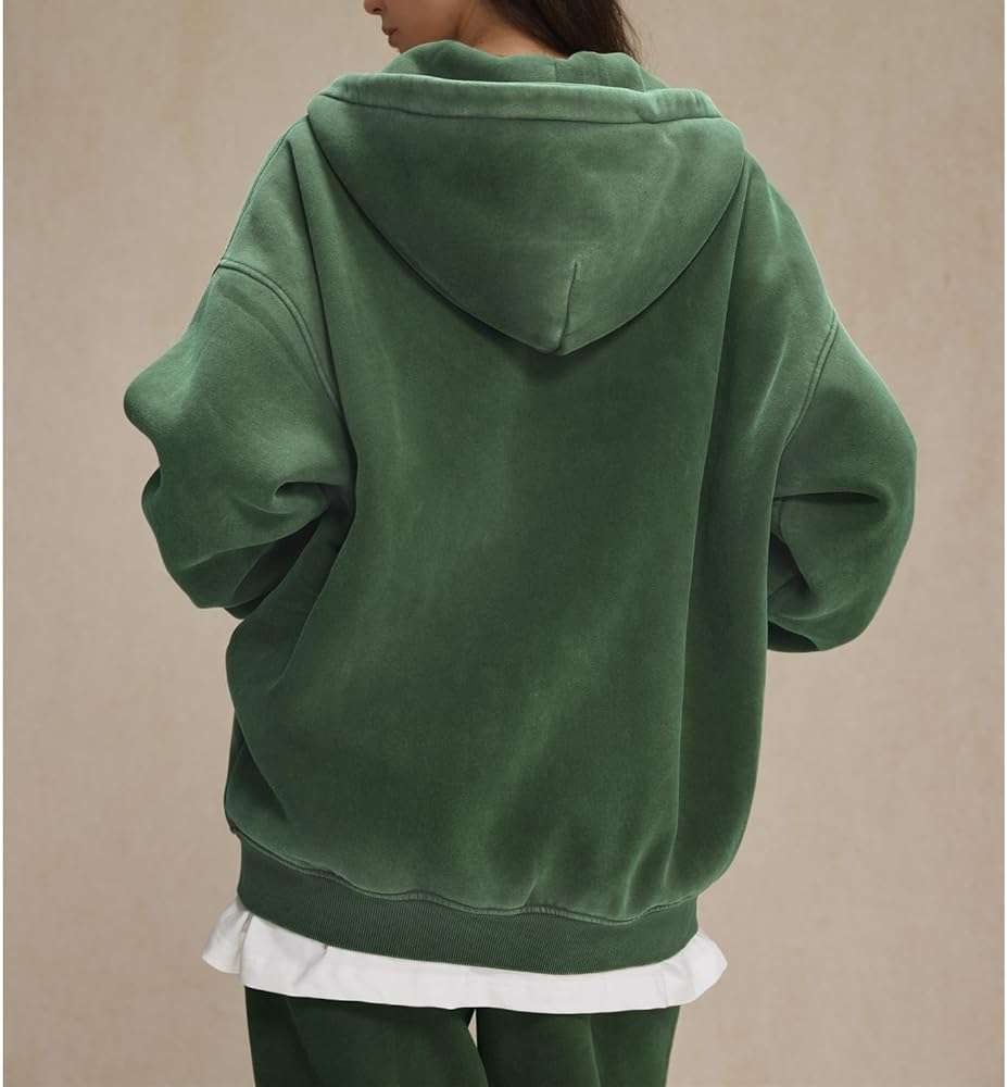Talakeno Womens Double Zip Up Hoodies Oversized Heavyweight Fleece Sweatshirt Acid Wash Hoodie Vintage Distress Cotton Jacket - Image 5