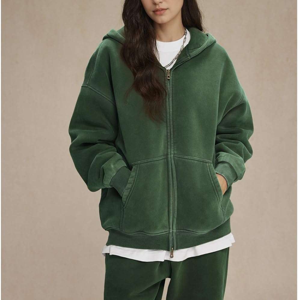 Talakeno Womens Double Zip Up Hoodies Oversized Heavyweight Fleece Sweatshirt Acid Wash Hoodie Vintage Distress Cotton Jacket - Image 7