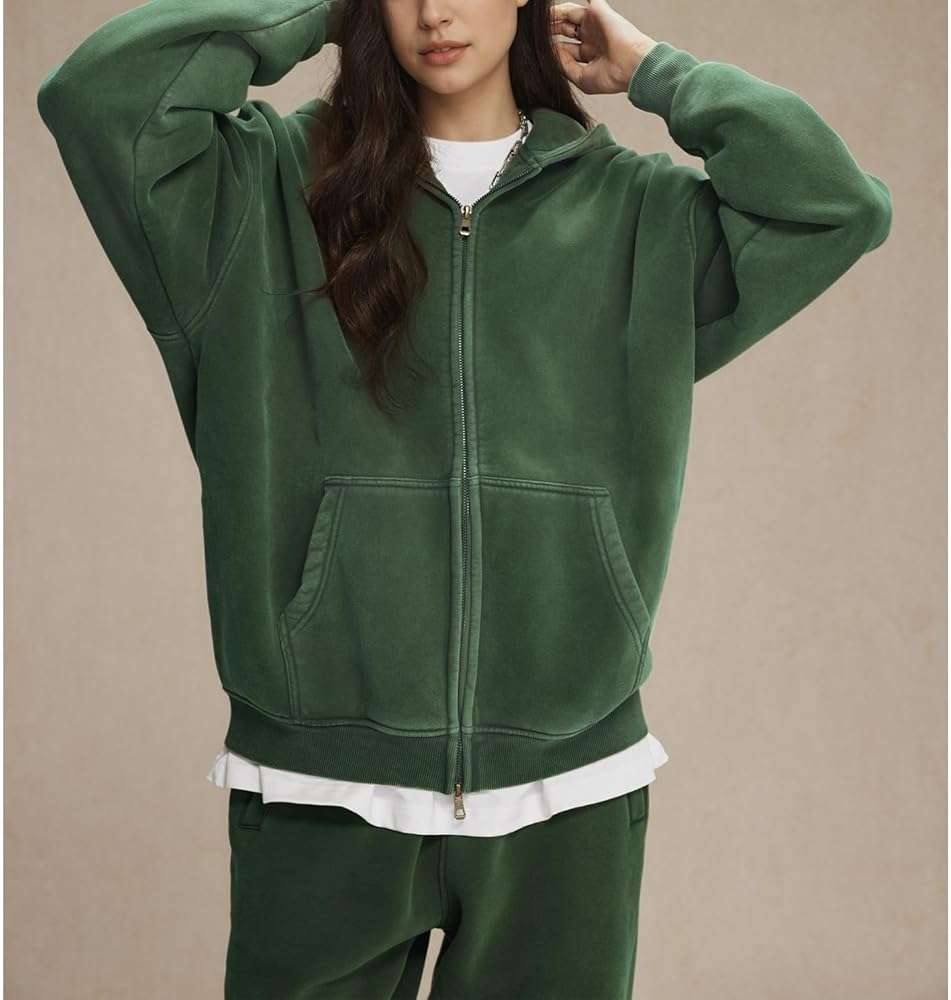 Talakeno Womens Double Zip Up Hoodies Oversized Heavyweight Fleece Sweatshirt Acid Wash Hoodie Vintage Distress Cotton Jacket - Image 8
