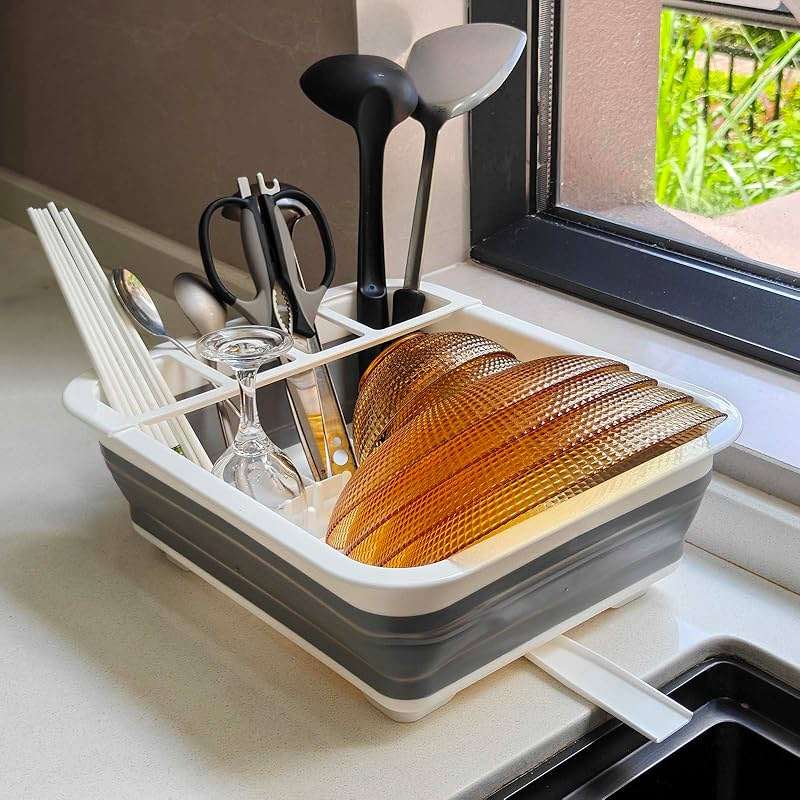 Collapsible Dish Drying Rack, Foldable Dinnerware Drainer Organizer for Storage Kitchen Counter RV Accessories Portable Rack Holders for Dishes Plates and Cups Camping Travelling Space Saver Essential - Image 2