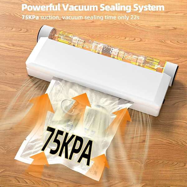 Food Vacuum Sealer Machine, 75KPA Strong Suction, Dry/Wet Modes, 20 Vacuum Seal Bags for Food, Digital Countdown Timer, Compact Lightweight, Ideal for Home Kitchen Use - Image 5
