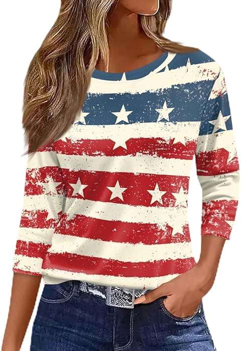 Ladies 3/4 Sleeve Tops 4Th of July Clothing Crew Neck Fashion Patriotic American Flag Casual Star Print Blouse - Image 1