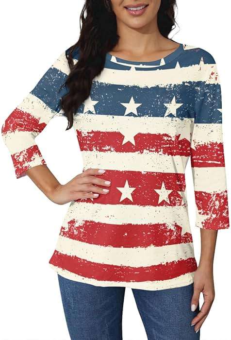 Ladies 3/4 Sleeve Tops 4Th of July Clothing Crew Neck Fashion Patriotic American Flag Casual Star Print Blouse - Image 2