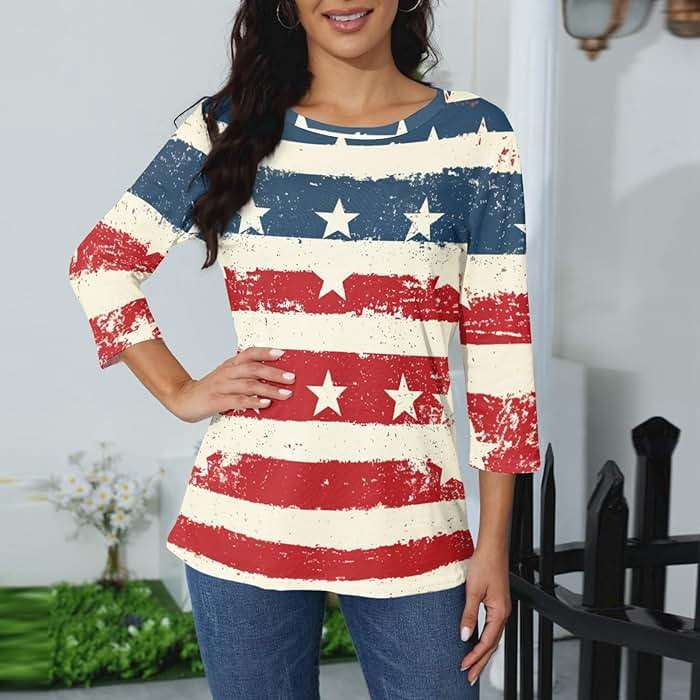 Ladies 3/4 Sleeve Tops 4Th of July Clothing Crew Neck Fashion Patriotic American Flag Casual Star Print Blouse - Image 5