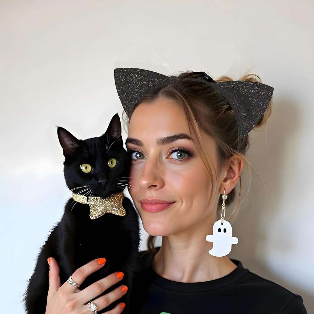 Broeify Black Glitter Cat Ear Headband for Women and Girls, Soft Sparkle Cosplay Costume Hair Accessory for Halloween, Birthday, Photo Props, and Role Play Dress-Up Parties - Image 6