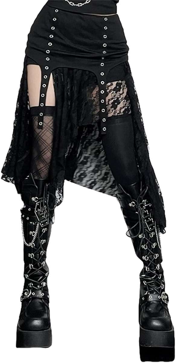 Inpunktoo Goth Asymmetrical Midi Skirt Women Y2k Lace High-Low Fairy High Waist - Image 1