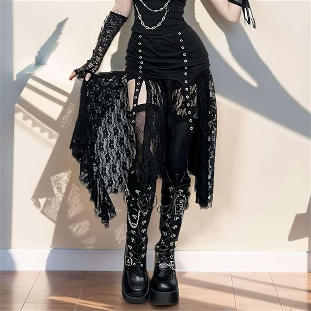 Inpunktoo Goth Asymmetrical Midi Skirt Women Y2k Lace High-Low Fairy High Waist - Image 2