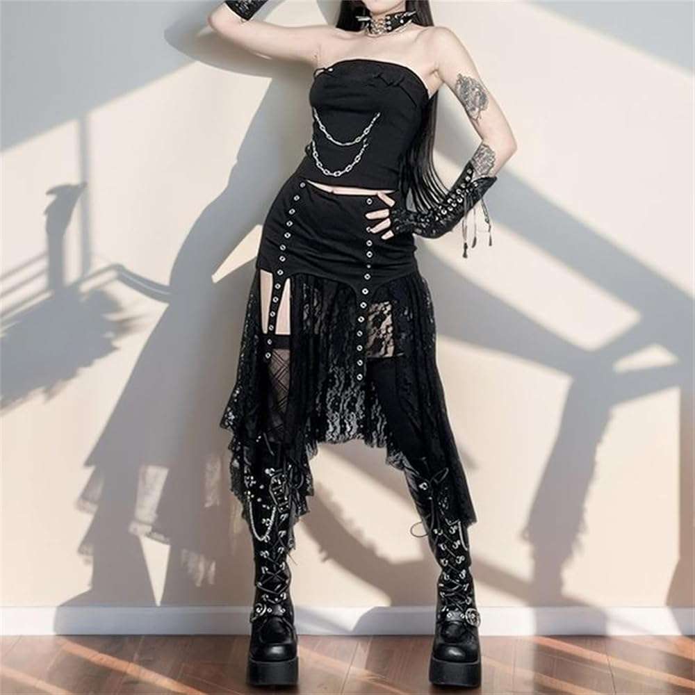 Inpunktoo Goth Asymmetrical Midi Skirt Women Y2k Lace High-Low Fairy High Waist - Image 3
