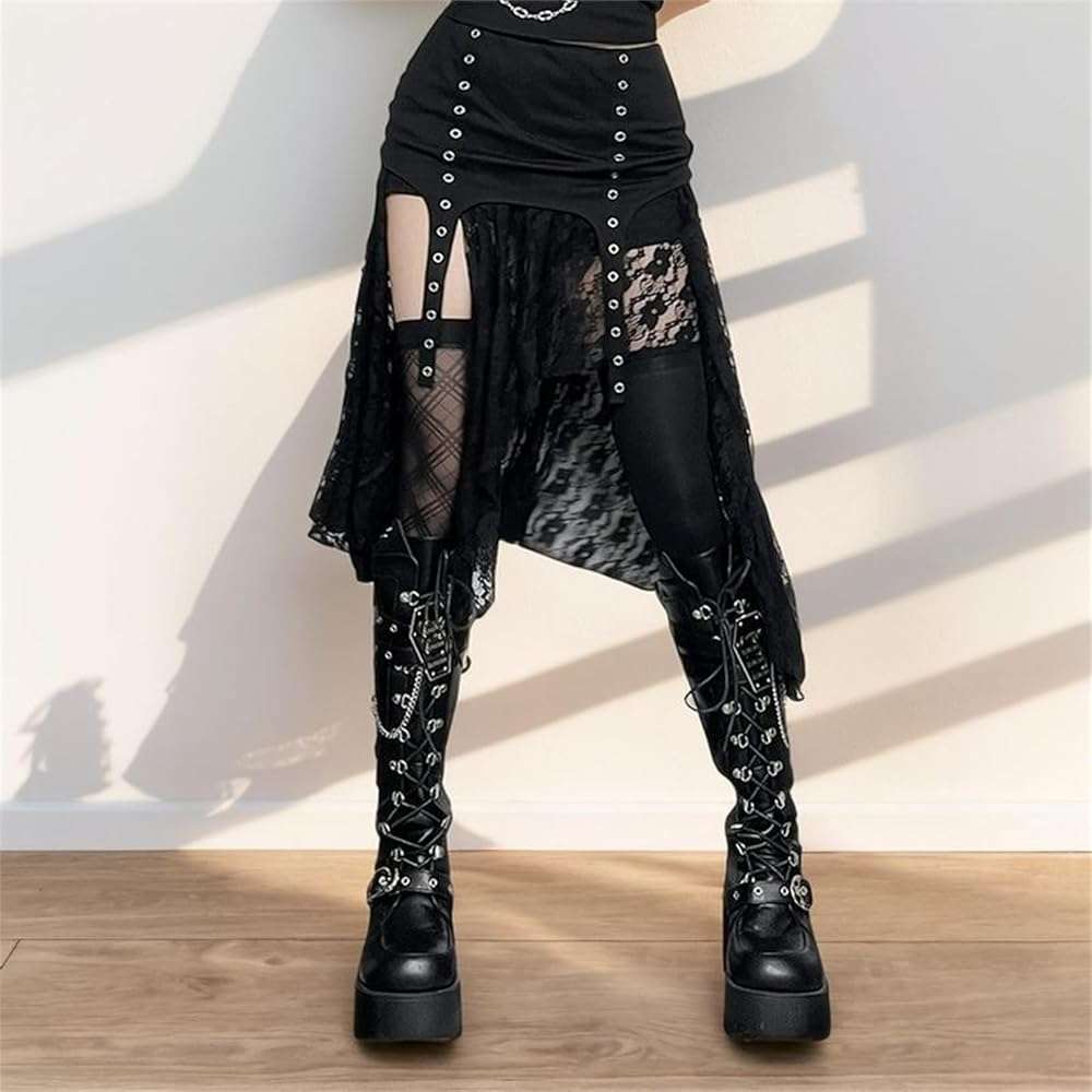 Inpunktoo Goth Asymmetrical Midi Skirt Women Y2k Lace High-Low Fairy High Waist - Image 4