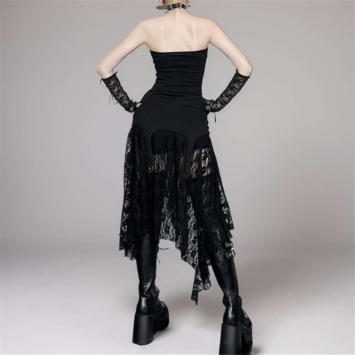 Inpunktoo Goth Asymmetrical Midi Skirt Women Y2k Lace High-Low Fairy High Waist - Image 6
