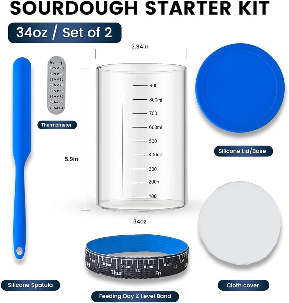 Adodeen Sourdough Starter Jar,Sourdough Starter Kit – 2 Pack 34oz Organic Sour Dough Glass Jars Wide Mouth,Fermenters Tool For Home Bakers,Bread Baking Supplies,Large Glass Container With Lid - Image 3
