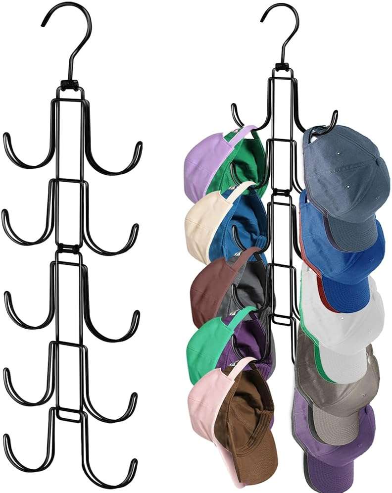 NAKBINX Hat Organizer for Closet, Collapsible Caps Rack with 10 Rotatable Large Hooks, Holds Up to 40 Baseball Caps, Metal Space Saving Hat Hanger for Display, Storage and Closet Organizers, Black - Image 1