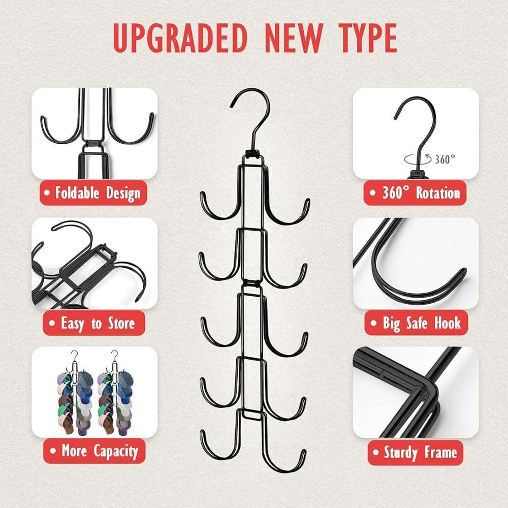 NAKBINX Hat Organizer for Closet, Collapsible Caps Rack with 10 Rotatable Large Hooks, Holds Up to 40 Baseball Caps, Metal Space Saving Hat Hanger for Display, Storage and Closet Organizers, Black - Image 3