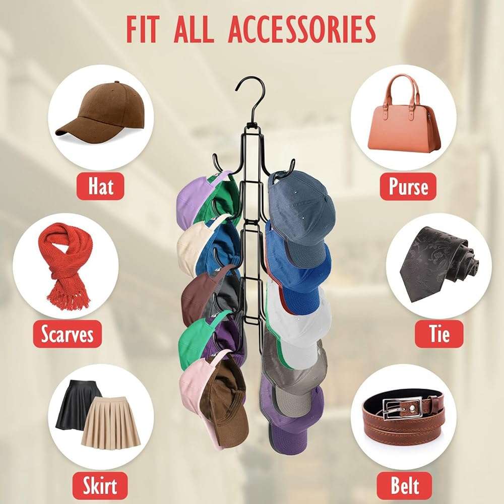NAKBINX Hat Organizer for Closet, Collapsible Caps Rack with 10 Rotatable Large Hooks, Holds Up to 40 Baseball Caps, Metal Space Saving Hat Hanger for Display, Storage and Closet Organizers, Black - Image 5
