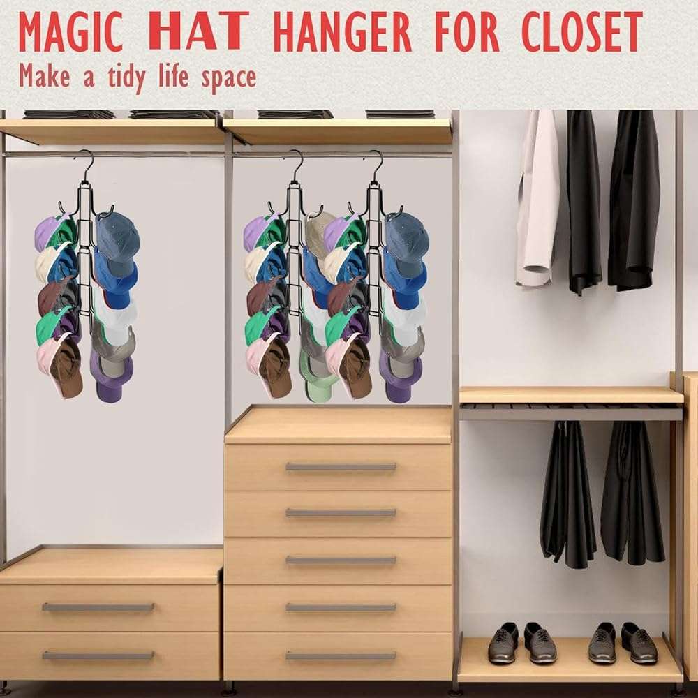 NAKBINX Hat Organizer for Closet, Collapsible Caps Rack with 10 Rotatable Large Hooks, Holds Up to 40 Baseball Caps, Metal Space Saving Hat Hanger for Display, Storage and Closet Organizers, Black - Image 6