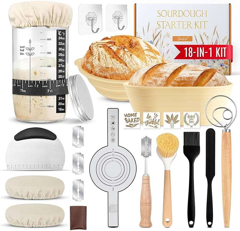 Complete Sourdough Starter Kit, Sourdough bread baking supplies, Great Gift Beginners Bread Makers 24oz Fermentation Jar 9" and 10" Silicone Banneton Bread Proofing Basket, sour dough Whisk,18 in 1 - Image 1