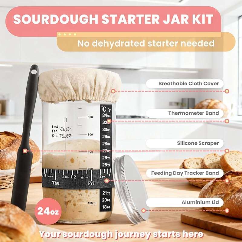 Complete Sourdough Starter Kit, Sourdough bread baking supplies, Great Gift Beginners Bread Makers 24oz Fermentation Jar 9" and 10" Silicone Banneton Bread Proofing Basket, sour dough Whisk,18 in 1 - Image 3