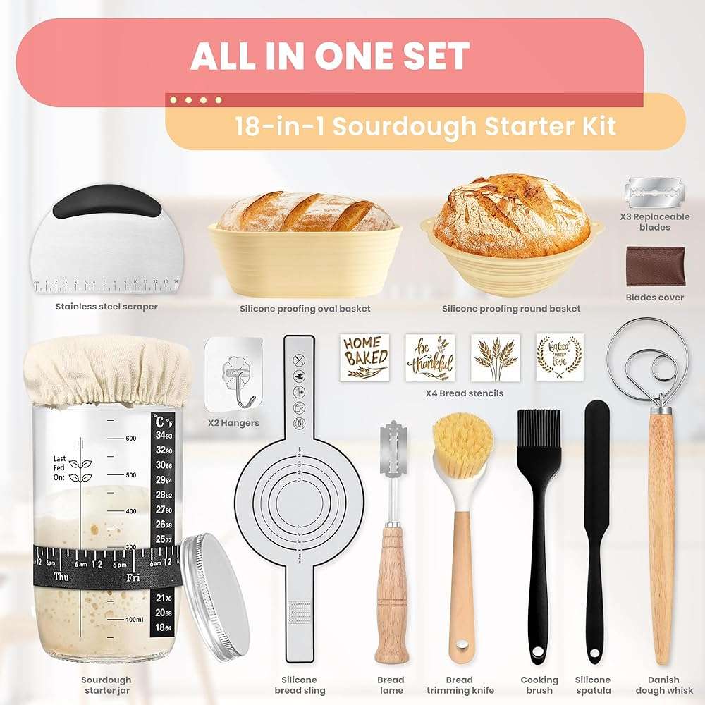 Complete Sourdough Starter Kit, Sourdough bread baking supplies, Great Gift Beginners Bread Makers 24oz Fermentation Jar 9" and 10" Silicone Banneton Bread Proofing Basket, sour dough Whisk,18 in 1 - Image 4