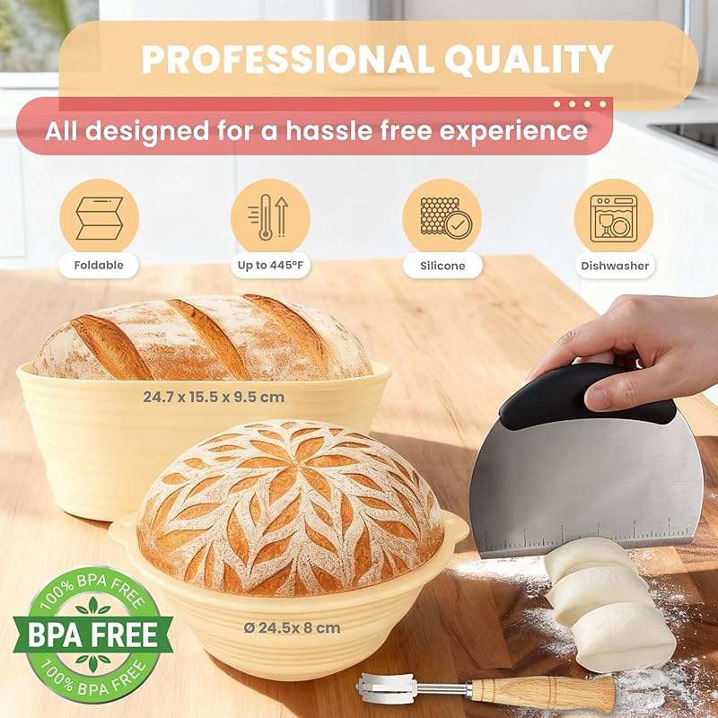 Complete Sourdough Starter Kit, Sourdough bread baking supplies, Great Gift Beginners Bread Makers 24oz Fermentation Jar 9" and 10" Silicone Banneton Bread Proofing Basket, sour dough Whisk,18 in 1 - Image 6