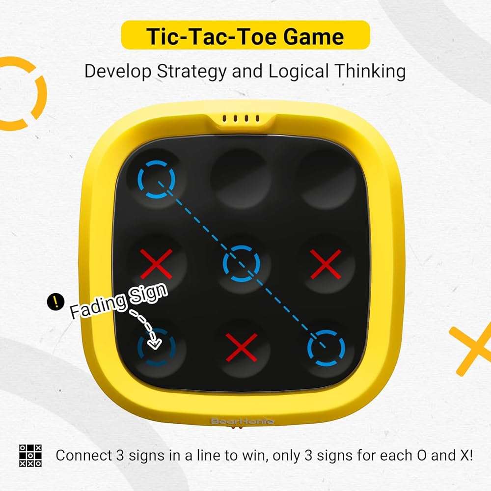 BearHonie 4-in-1 Electronic Tic Tac Toe Game, Rechargeable Handheld Board Game for Boys and Girls, with Sequence Memory Game Mode for Travel, car Ride, Kids Birthday Gifts, Yellow - Image 2